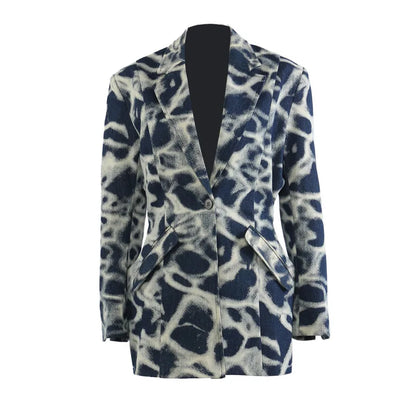 2026 Spring Autumn New Women's Blazer Tie-dye Single Button Pockets Waist Cinching Elegant Coats Retro Denim Jacket HK18495