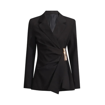 Women Blazer Elegant Fashion Asymmetric Twist Pleated Waist Cinching Metal Buckle Decoration Jacket New Spring 2026 HK19361