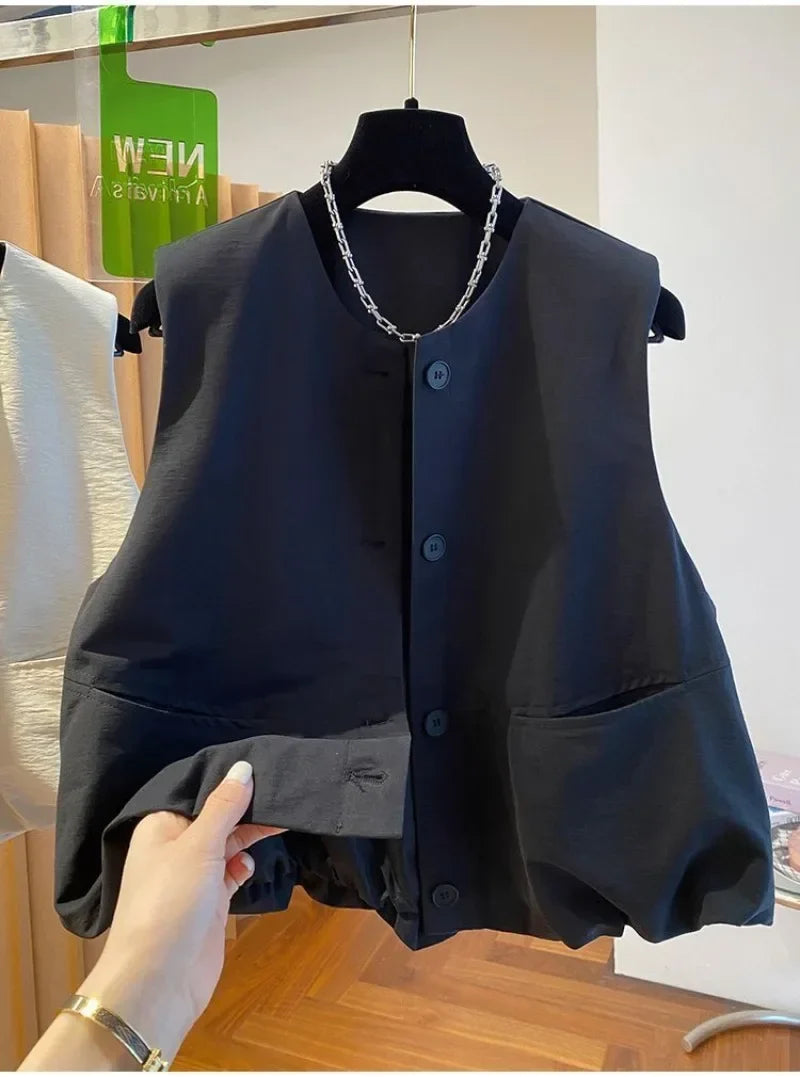 Vest Female Spring Autumn Casual Lined Waistcoat Women O-Neck Sleeveless Jacket Women Solid Single-breasted Vest Coat