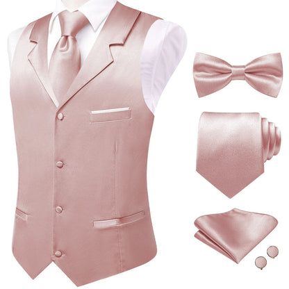 Men's Satin Waistcoat 5-Piece Set with Rose Gold Lapel – Vest, Necktie, Bow Tie, Pocket Square & Cufflinks