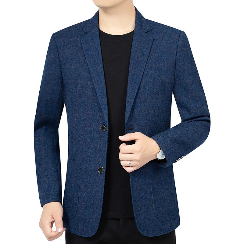 KIDWHXR Spring Autumn Men Suit Coat Fashion Plaid Turn Down Collar Man Blazer Non-ironing Business Casual Mlae Slim Jacket