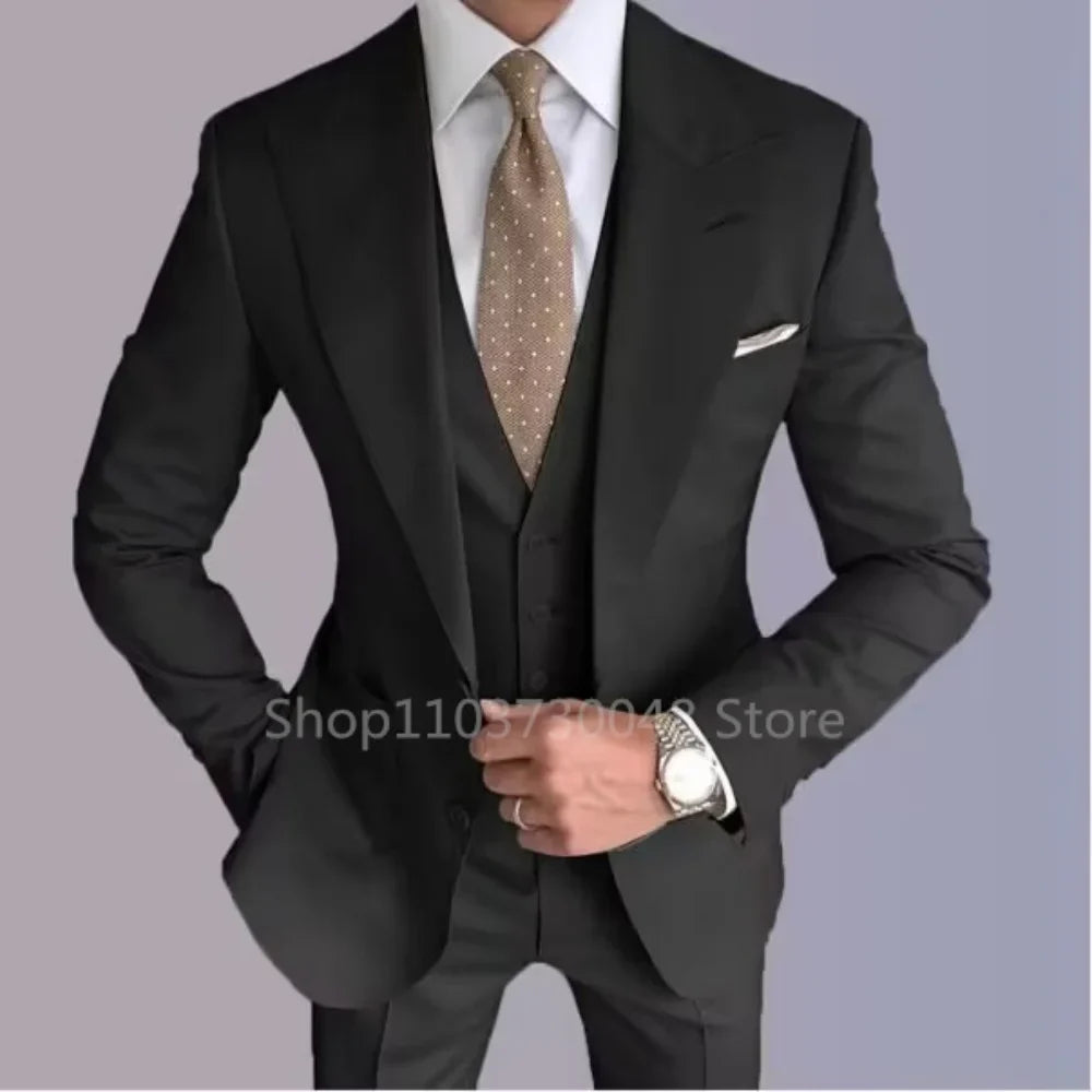 Formal Men's Groom Tuxedos Three-Piece Peak Lapel Suit Solid Jacket Vest Pants Party Prom Daily Casual Tuxedo Business Men Suits