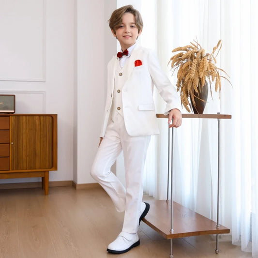 Autumn Boys Peak Lapel Suit Set 5 Pieces For Stage Performance,Handsome Slim Fit Tuxedo For Kids,Plus Size Children's Suits