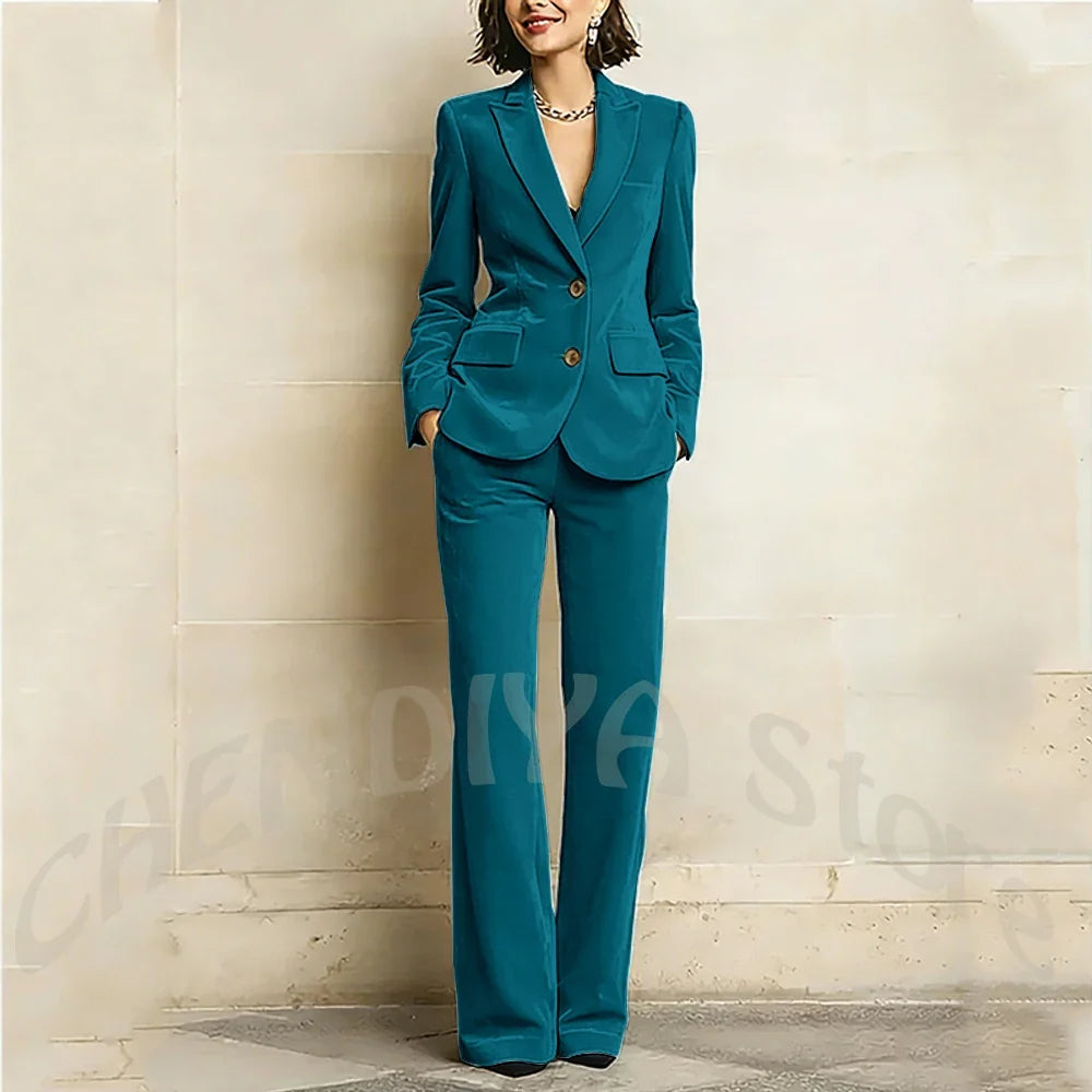 Purple Velvet Women Suit Two Pieces Classic Peaked Lapel Straight Outfit Single Breasted Tailored Elegant Lady Set Jacket Pants