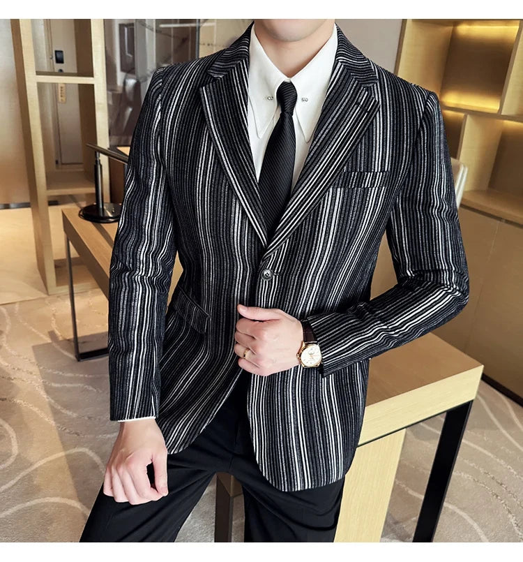 High Quality Plush Striped Fashion casual Suit Jacket Autumn Winter New Men Slim Fit Business Formal Social Prom Party Tuxedos