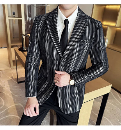 High Quality Plush Striped Fashion casual Suit Jacket Autumn Winter New Men Slim Fit Business Formal Social Prom Party Tuxedos