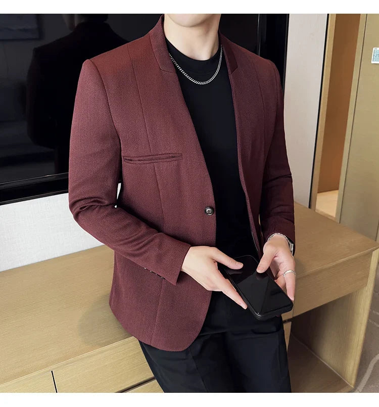 Chinese Style Collarless Suit Jacket Men Fashion Slim Fit Versatile Blazers Male Casual Business Wedding Groom Dress Jacket 2025