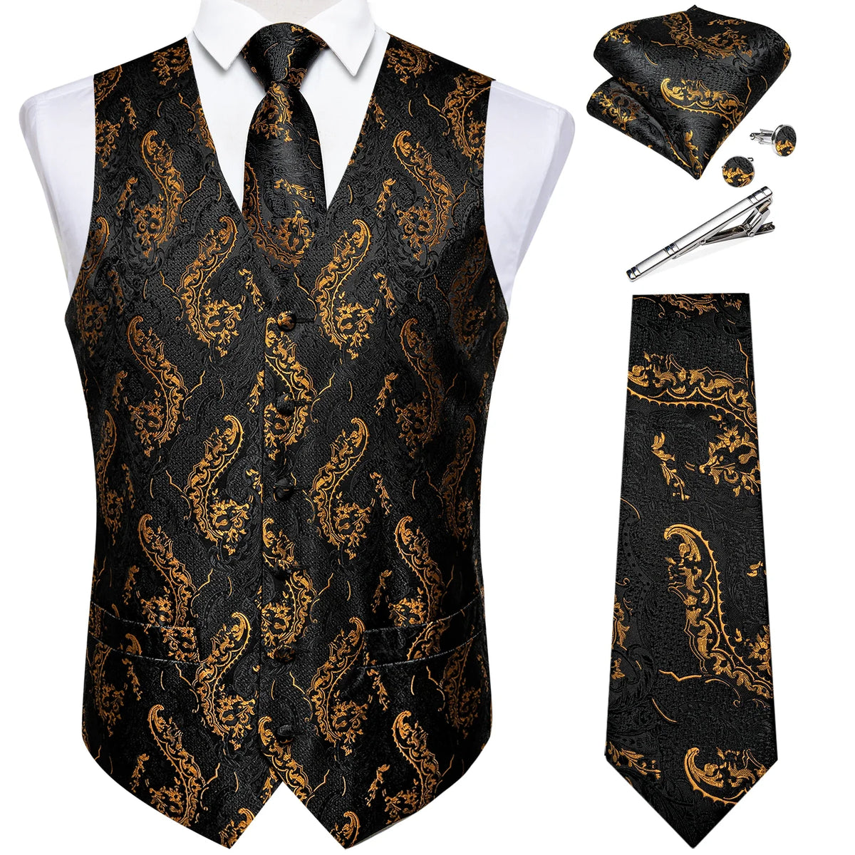 Men's Suit Vest Set with Tie, Handkerchief & Cufflinks for Wedding & Banquet
