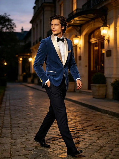 Men Velvet Tuxedo Jacket Champagne Satin Shawl Lapel Slim Fit Blazer Wedding Groom Party Prom Formal Western Dinner Suit Coat