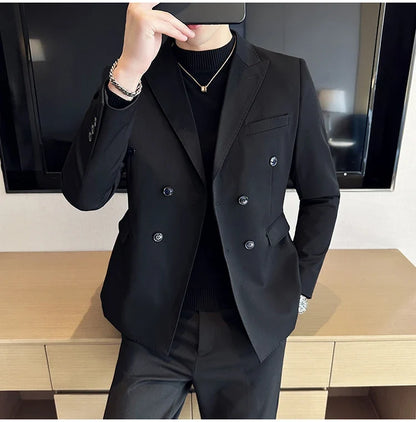 Autumn High-quality Double Breasted Slim Fit Suit Jacket Men Versatile Casual Business Blazer Wedding Social Banquet Formal Coat