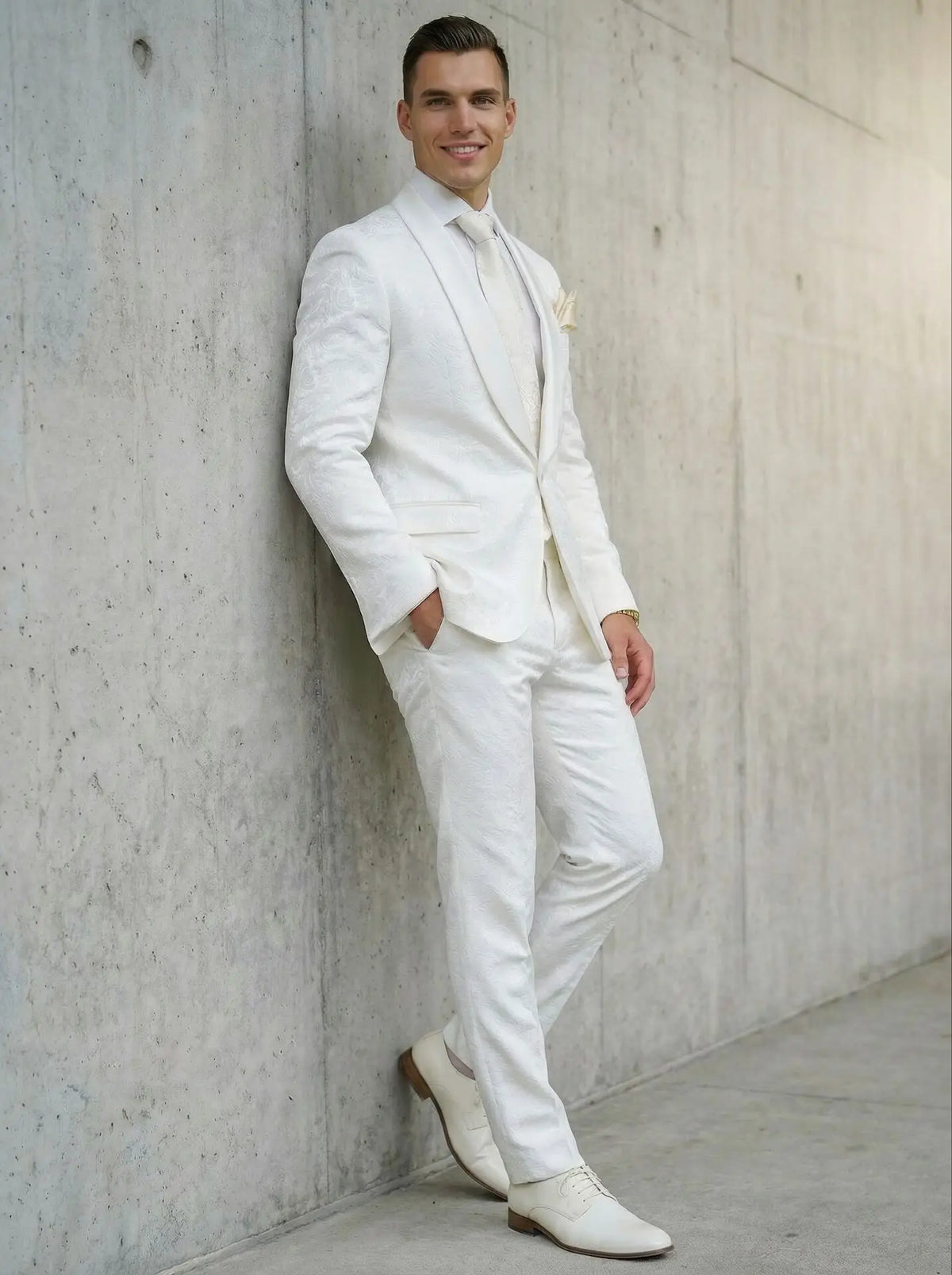 2026 Groomsmen White Pattern Groom Tuxedos Shawl Satin Lapel Men Suits 2 Pieces Wedding Bridegroom