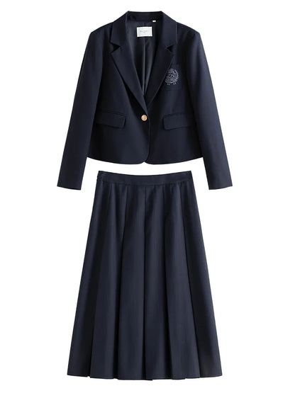 College Style Short Blazer Coat Fashion Two Piece Suit for Women Literary Retro Spring New High Waist Half Pleated Skirt
