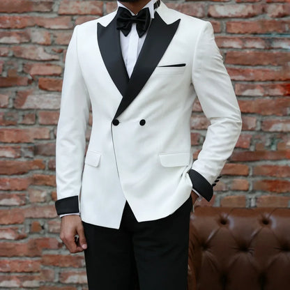 Men Suit 2 Pieces White Black Double Button With Lapel For Wedding Banquet Birthday Party Business Work Daily Jacket And Pants