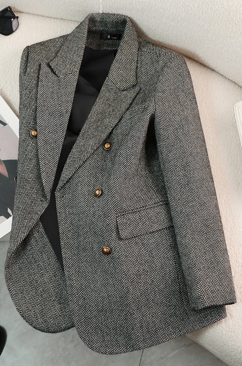 Fashion Grey Blazer Women Coffee Long Sleeve Casual Jacket for Autumn Winter Female Coats Double-Breasted Suit Women’s Clothing
