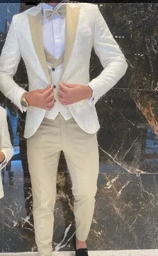 Groom White Floral Men Suits Tuxedo Slim Fit Wedding Suits Groom Full Wedding Gentleman Costume 3 Pieces (Jacket+Vest+Pants)