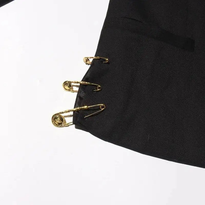 Autumn New Women Chic Blazer Asymmetrical Pin Design Single Button Slim Fit Elegant Fashion Office Lady Stylish Coat HK9876