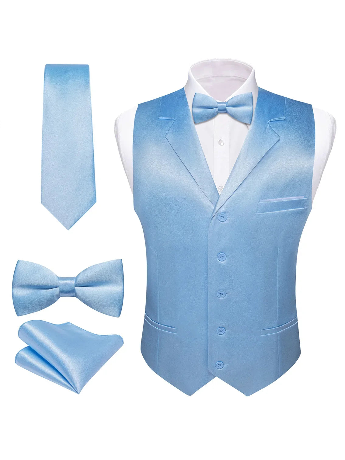 Men's Satin Vest Set with Tie, Bowtie & Pocket Square – Slim Fit for Weddings & Formal Occasions