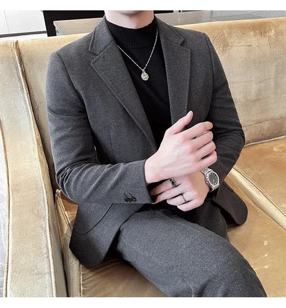 Plus Size 7XL-M ( Jacket+Pant）Autumn Winter Thickened Starry Sky Woolen Suit High Quality Slim Fit Business Social Casual 2 Pcs