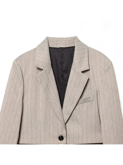 Women Khaki Striped Blazer Jacket Y2k 2000s Vintage Suit Coat Long Sleeve Single Breasted Oversize Outerwear Spring Autumn 2025