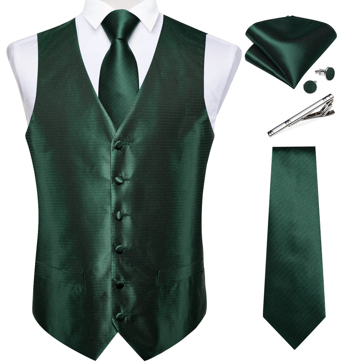 Men's Suit Vest Set with Tie, Handkerchief & Cufflinks for Wedding & Banquet