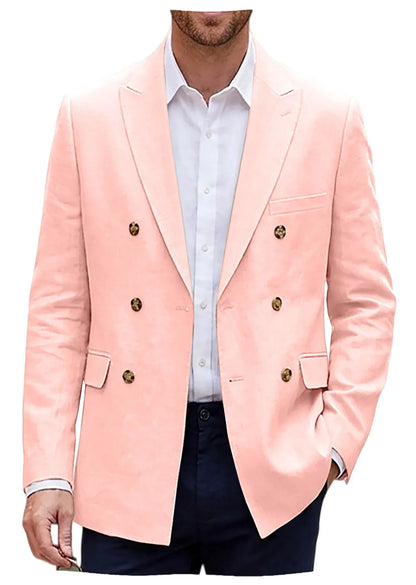 Men's Double Breasted Linen Blazer Slim Fit Suit Jacket Formal Business Casual Coat Wedding Party Spring Summer Streetwear