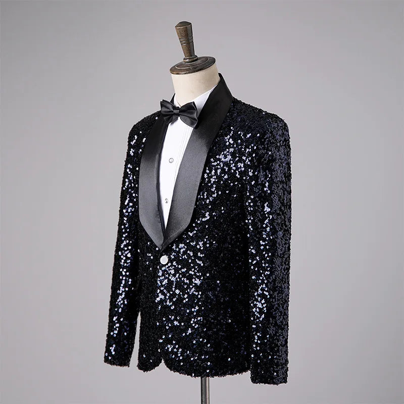Men's Fashion Slim Fit Sequin Suit Jacket Shawl Formal Lapel Tuxedo Wedding Banquet Host Singer Nightclub Bar Stage Performance