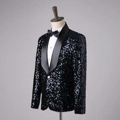 Men's Fashion Slim Fit Sequin Suit Jacket Shawl Formal Lapel Tuxedo Wedding Banquet Host Singer Nightclub Bar Stage Performance