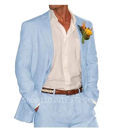 Light Blue/Beige Linen Men Suits 2 Piece Groom Tuxedos Notch Lapel Slim Fit Blazer Pants Sets Wedding Prom Summer Costume Homme