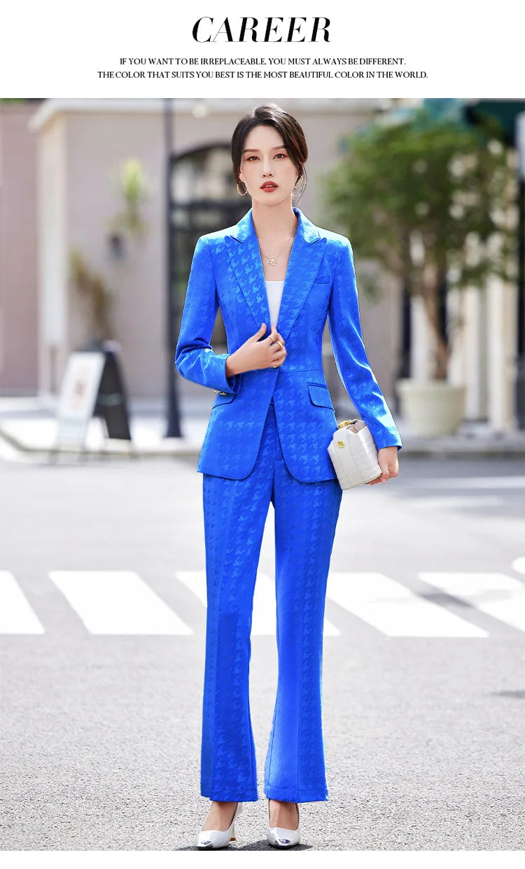 Fashion Ladies Formal Pant Suit Women Houndstooth Single Button Jacket And Trouser Female Business Work Wear 2 Piece Blazer Set