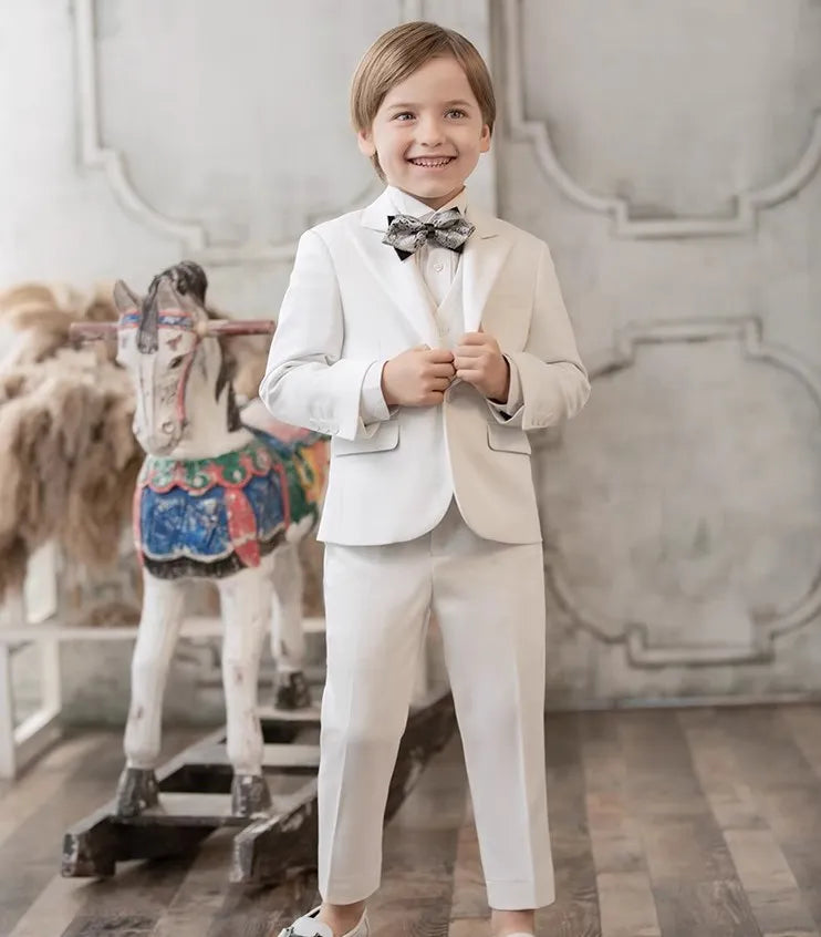 Children White Baptism 3Pieces/Set Jacket Vest Pants Ceremony Photograph Suit Boys Party Dress Kids Piano Performance Costume