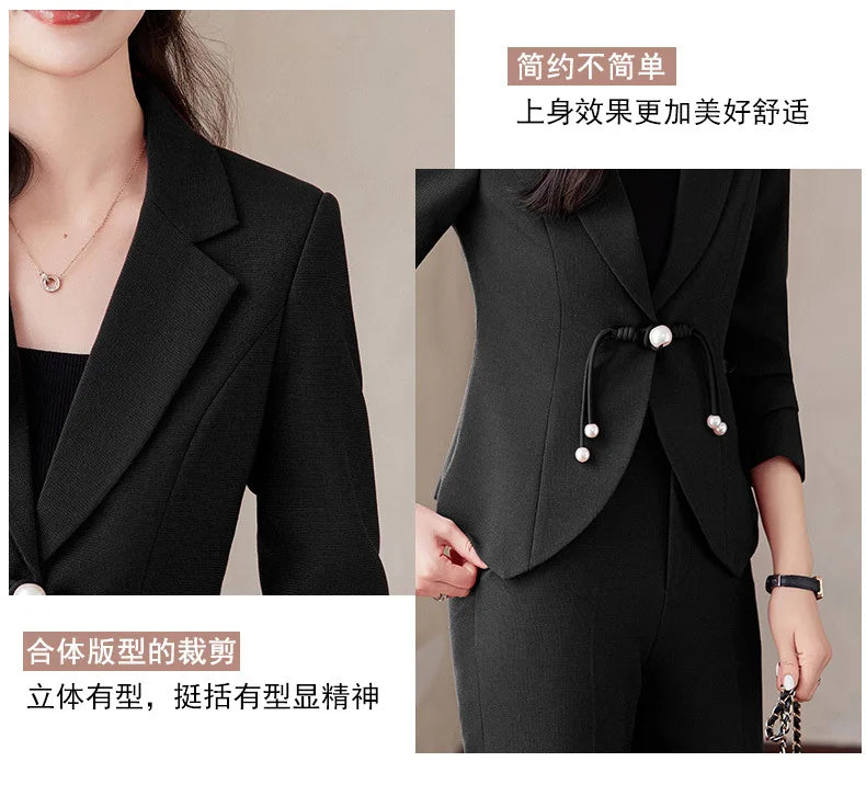 Elegant National Style Buckle Pants Suit  2024 Autumn New Professional Temperament Slim Blazer And Pants Office Ladies Work Wear