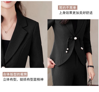 Elegant National Style Buckle Pants Suit  2024 Autumn New Professional Temperament Slim Blazer And Pants Office Ladies Work Wear