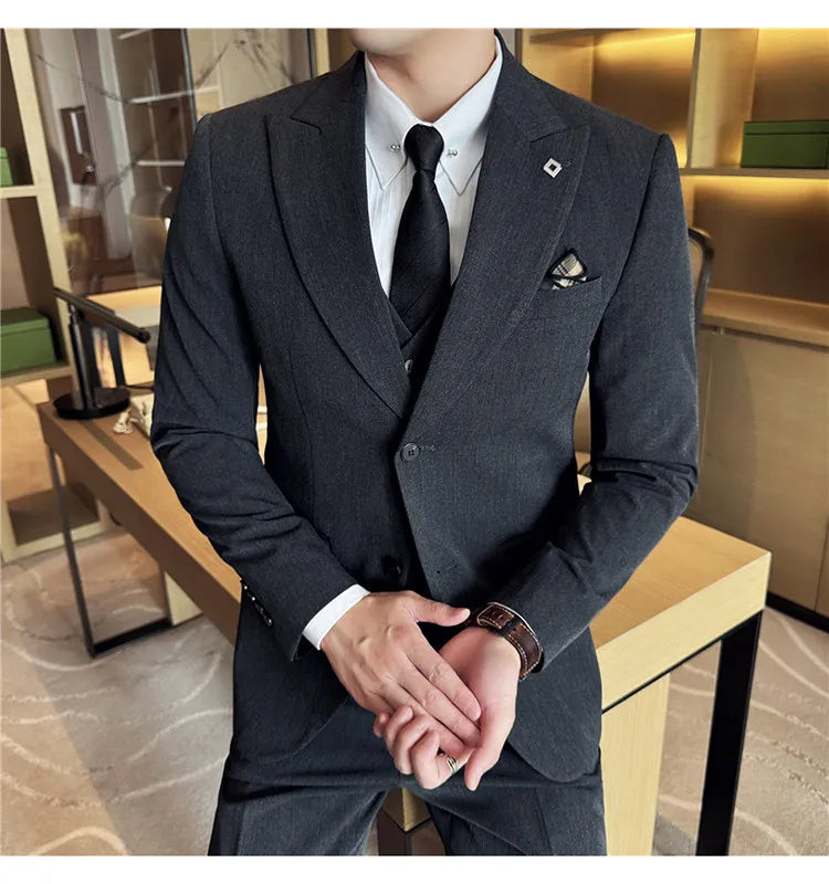 Men's 3 Piece Suit Set Double‑Button Solid Color Slim Fit Business Casual Wedding Banquet Party Jacket Vest Pants Formal Outfit