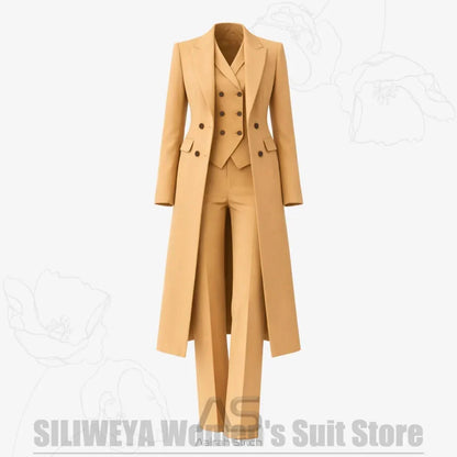 Women's Suit 3 Piece Double Breasted Long Coat Vest Pants Elegant Formal Business Wear Luxury Wedding Party Prom Outfit 2026