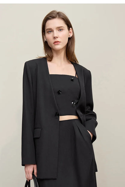 Women's Jacket 2026 Autumn New Bead Sheet Flower V-Neck Women's Blazer Straight Elegant Shoulder Pad Blazers Top 12621026