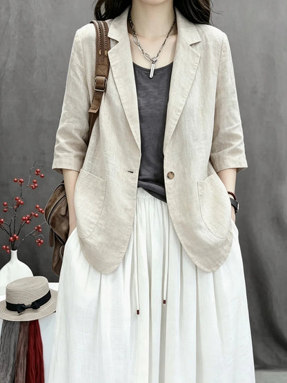 2026 New Summer Casual Cotton Linen Short Coat Women's Pure Color Suit Top Versatile Loose Fit Thin Material Seven Sleeve