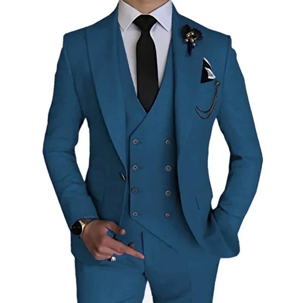 3 Piece Men's Wedding Dress Suits Slim Fit Peak Lapel Blazer+Vest+Pants Groom Tuxedos for Party Formal Suit Elegant Men Clothes