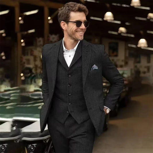 Men's 3-Piece Herringbone Suit – Slim Fit Wedding & Formal Suit for Men