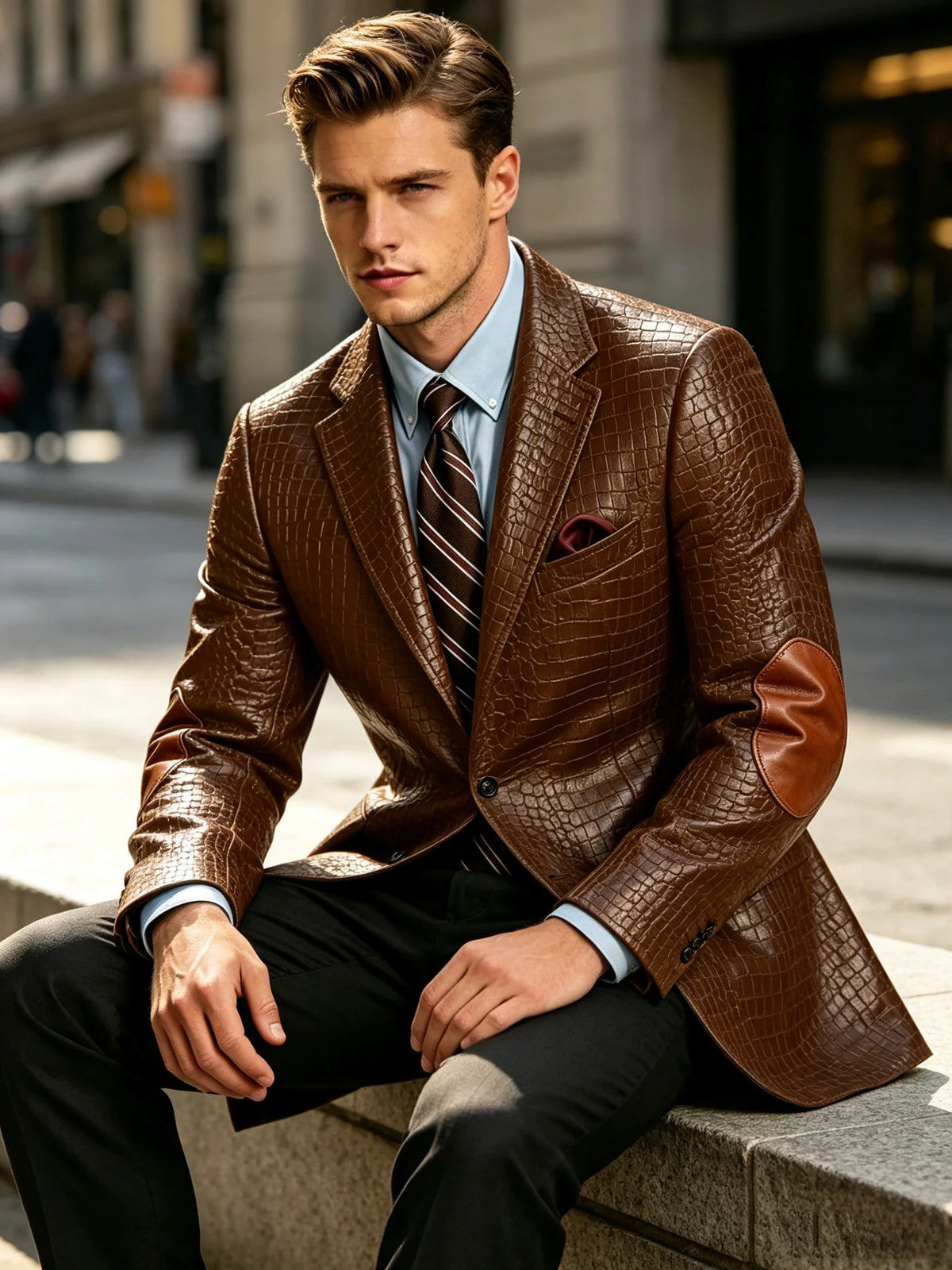 Men's Faux Leather Blazer  Crocodile Pattern Printed Sports Coat Jacket with Elbow Patch  For Party Prom Banquet Wedding Office