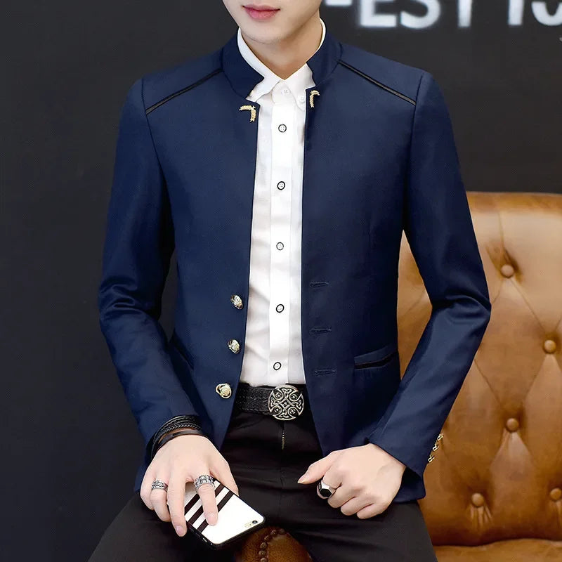 2024 Spring New Men's Stand Collar Casual Suit Jackets Youth Fashion Solid Color Stitching Three Button Mens Blazer Coats