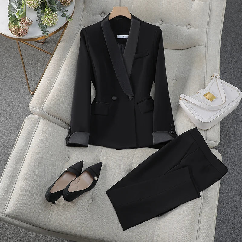 Autumn New Women's Pants Suit 2 Piece Clothing Set Elegant Chic Color Block Blazer Jacket and Trousers Sets Red Formal Work