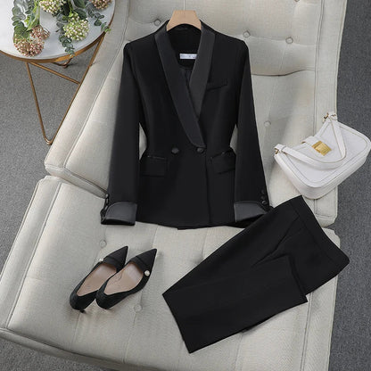 Autumn New Women's Pants Suit 2 Piece Clothing Set Elegant Chic Color Block Blazer Jacket and Trousers Sets Red Formal Work
