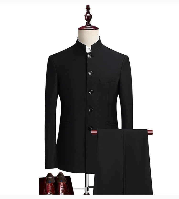 Men's Smart Casual Suit Set – Mao Collar Slim Fit Blazer and Pants for Weddings and Business