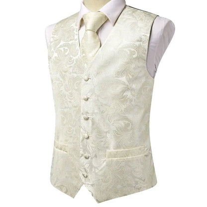 Men's Double Breasted Jacquard Waistcoat Vest Tie Pocket Square Set – Ivory Paisley Wedding & Formal Suit