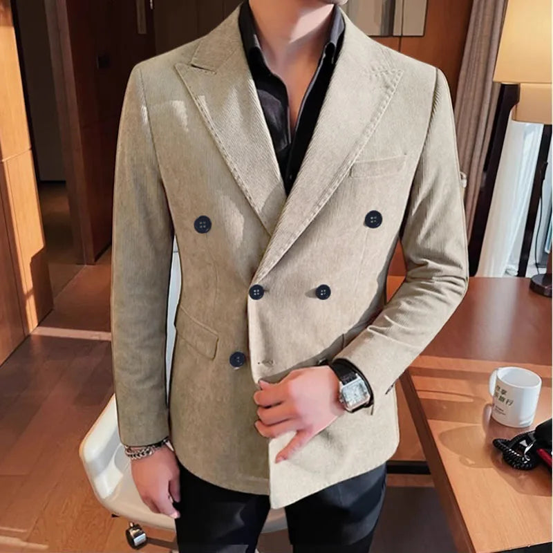 Autumn Winter Corduroy Suit Jacket Purple Man Suit Coat Solid color Double breasted slim fit Suit Man tops
