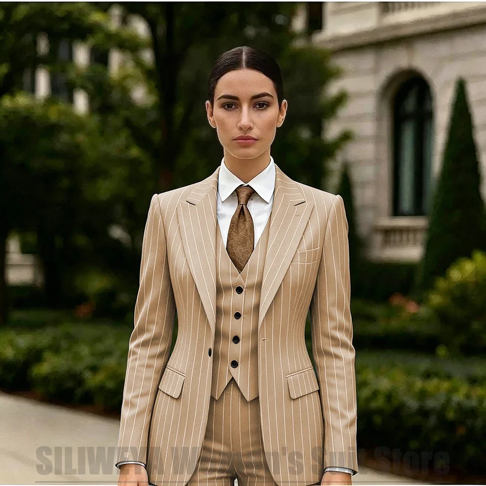 White Striped Women Suit 3 Piece Chic Peak Lapel One Button Blazer Vest Pants Formal Office Business Wedding Party Wear
