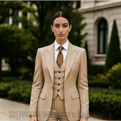 White Striped Women Suit 3 Piece Chic Peak Lapel One Button Blazer Vest Pants Formal Office Business Wedding Party Wear