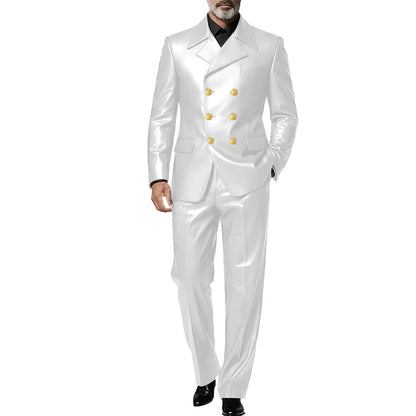 Men's Leather 2 Piece Suit Retro Double Breasted Peak Lapel Slim Fit Blazer Straight Leg Pants Formal Set Business Casual Weddin
