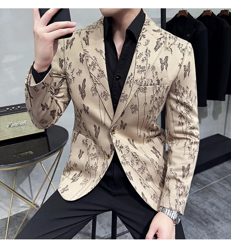 High-end Luxury Printed Slim Fit Suit Jacket For Men 2024 Autumn New Fashion Social Party Casual Suit Coat Swallowtail 4XL-M