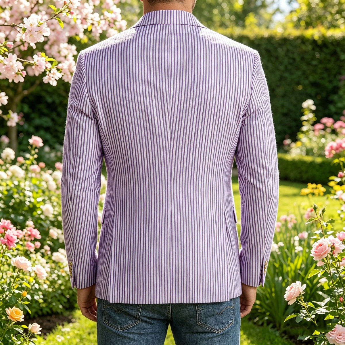 Vintage Men's Striped Double Breasted Blazer Casual Business Suit Jacket Lightweight Notched Lapel Sport Coat Wedding Party Wear